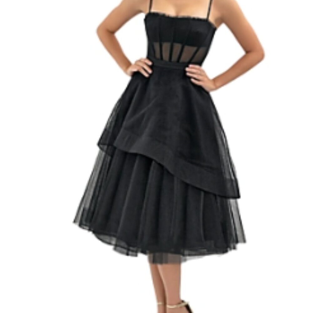 BCBGMaxAzria Black Corset Midi Tiered Evening Dress